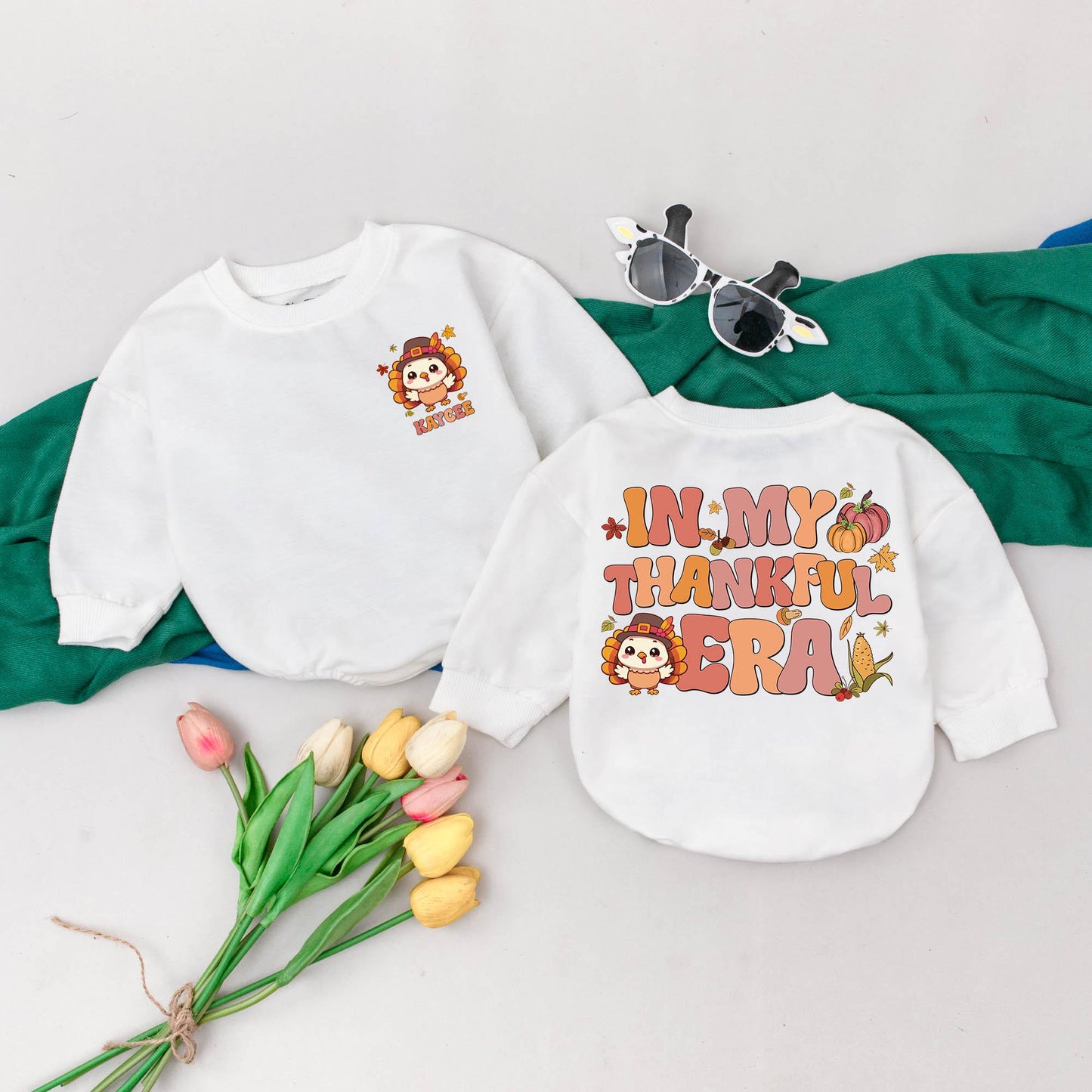 Personalized Thanksgiving Romper: My Thankful Era Turkey Outfit, Custom Name Fall Baby Clothes, First Turkey Day Outfit, Baby Shower Gift, Autumn Romper (138 chars)