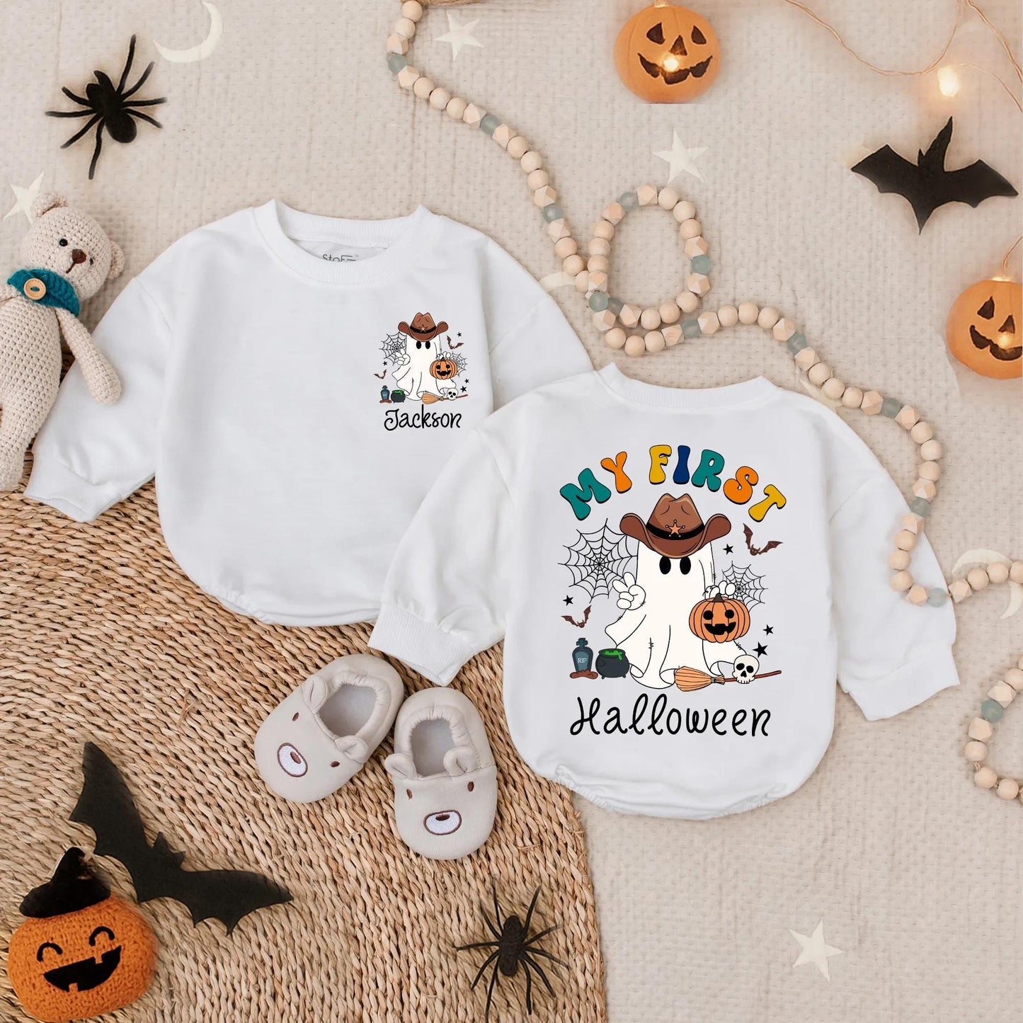 Custom 'My First Halloween' Baby Boy Romper with Ghost Cowboy! Spooky Dude Outfit, Pumpkin Bodysuit, Personalized Name, Cute Boo Costume (140 chars)