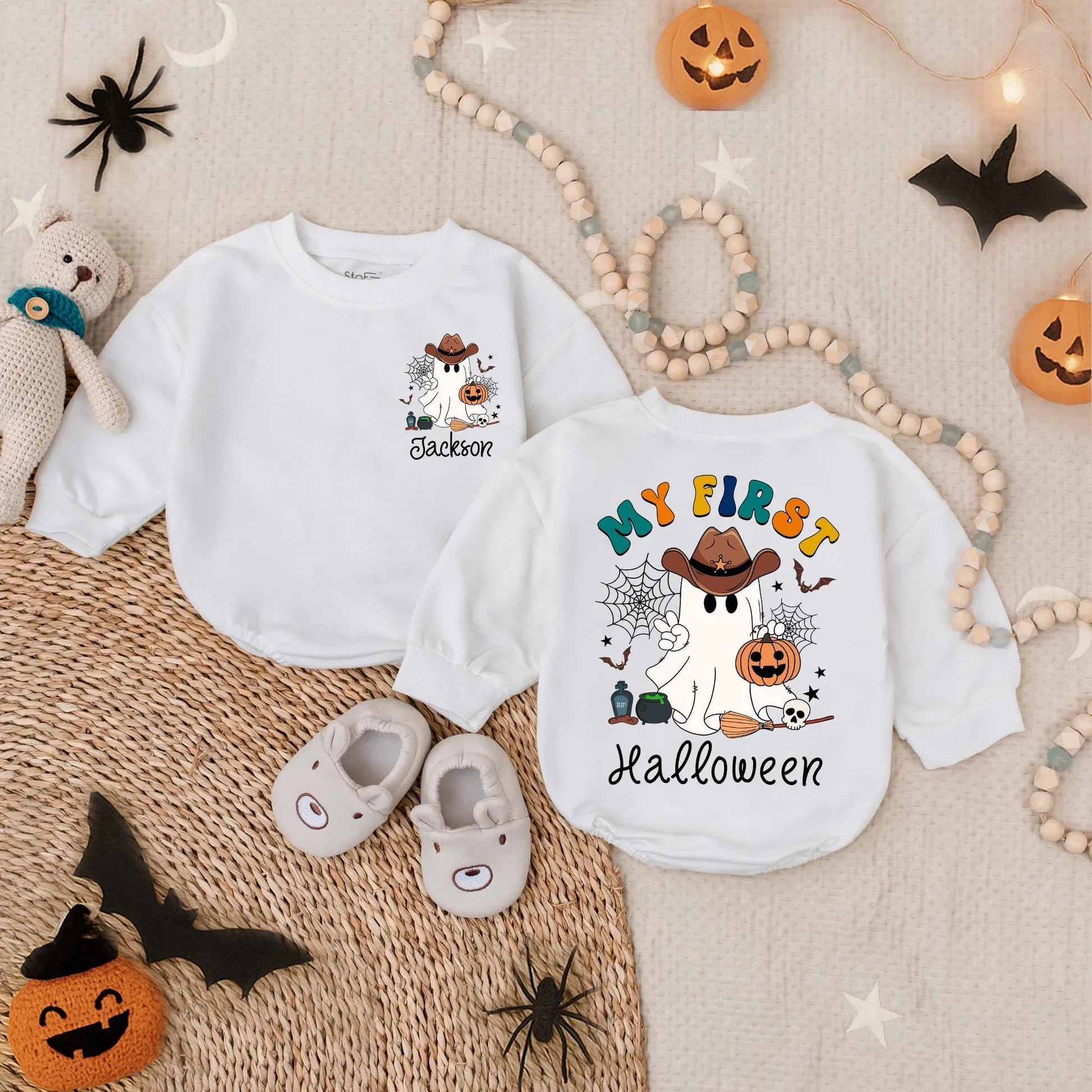Custom 'My First Halloween' Baby Boy Romper with Ghost Cowboy! Spooky Dude Outfit, Pumpkin Bodysuit, Personalized Name, Cute Boo Costume (140 chars)