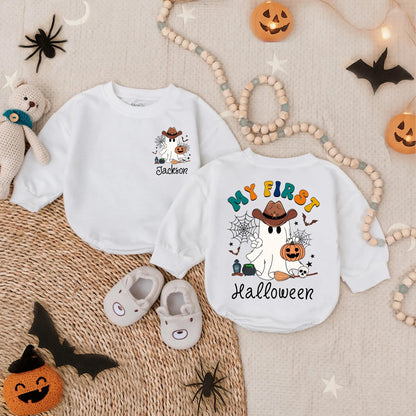 Custom 'My First Halloween' Baby Boy Romper with Ghost Cowboy! Spooky Dude Outfit, Pumpkin Bodysuit, Personalized Name, Cute Boo Costume (140 chars)