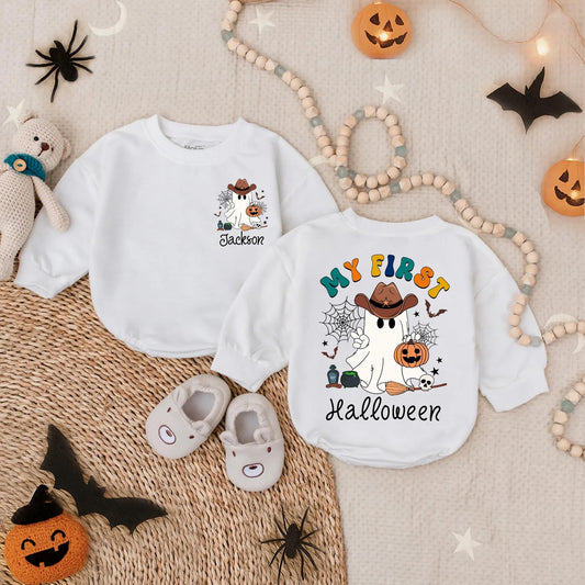 Custom 'My First Halloween' Baby Boy Romper with Ghost Cowboy! Spooky Dude Outfit, Pumpkin Bodysuit, Personalized Name, Cute Boo Costume (140 chars)