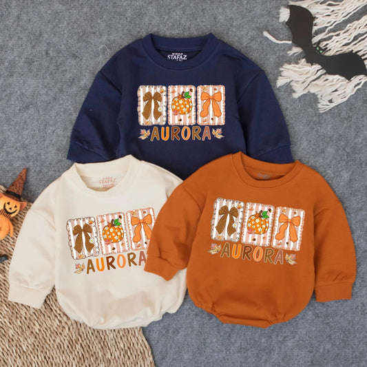Christian Floral Pumpkin Romper Baby Girl Name Custom Preppy Autumn Fall Bodysuit Faith Baby Gift