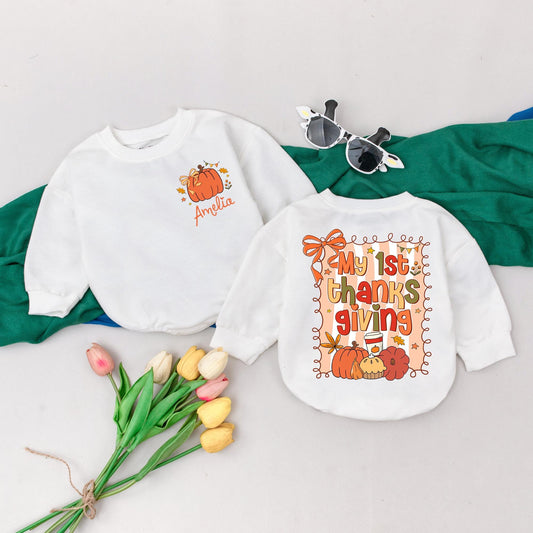 My 1st Thanksgiving Baby Romper, Fall Pumpkin Outfit with Leaves & Stars, Personalized Baby Girl Gift, Baby Shower