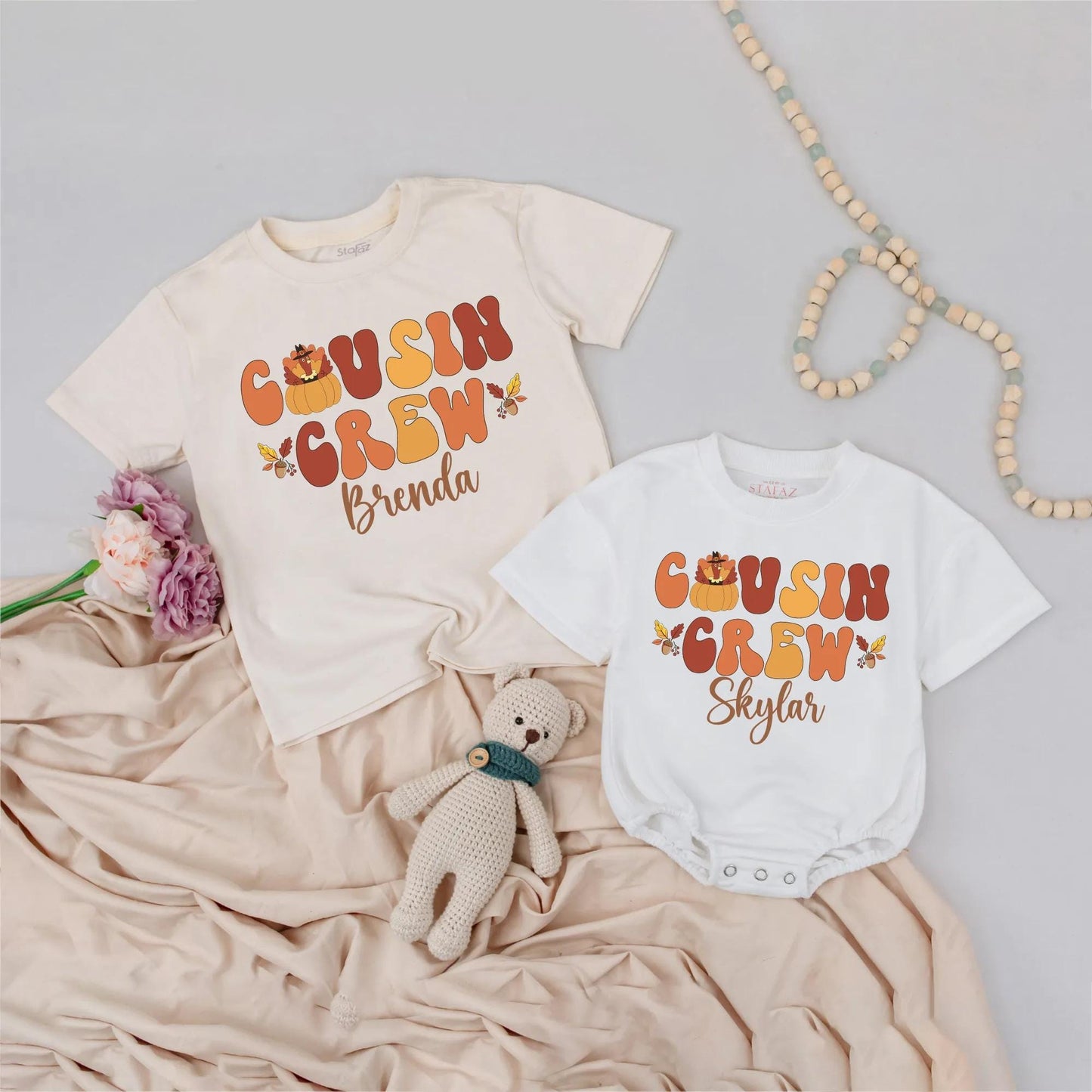 Retro Cousin Crew Thanksgiving Shirts with Pilgrim Pumpkin & Custom Names Fun Fall Family Outfits