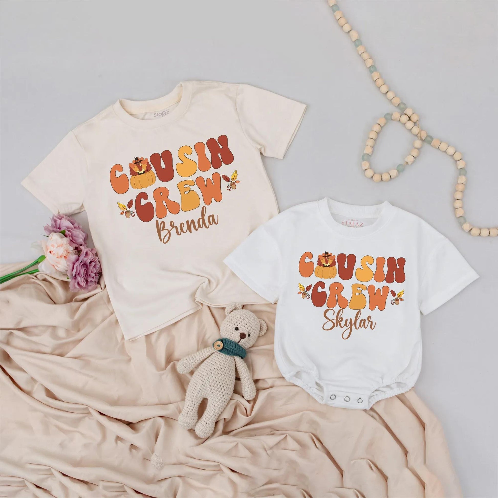 Retro Cousin Crew Thanksgiving Shirts with Pilgrim Pumpkin & Custom Names Fun Fall Family Outfits