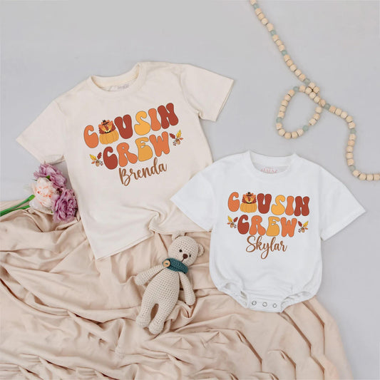 Retro Cousin Crew Thanksgiving Shirts with Pilgrim Pumpkin & Custom Names Fun Fall Family Outfits