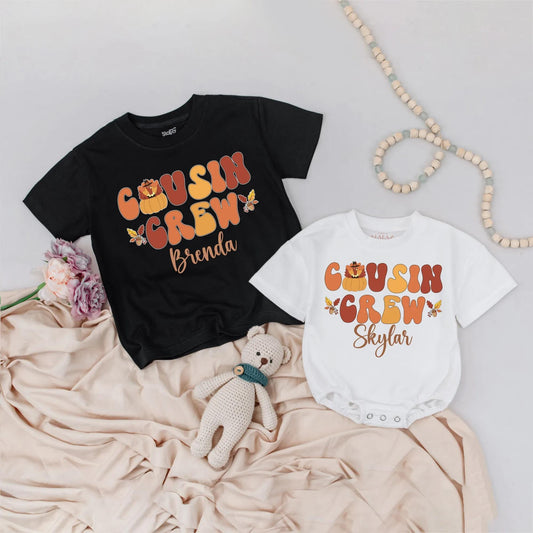 Retro Cousin Crew Thanksgiving Shirts with Pilgrim Pumpkin & Custom Names Fun Fall Family Outfits