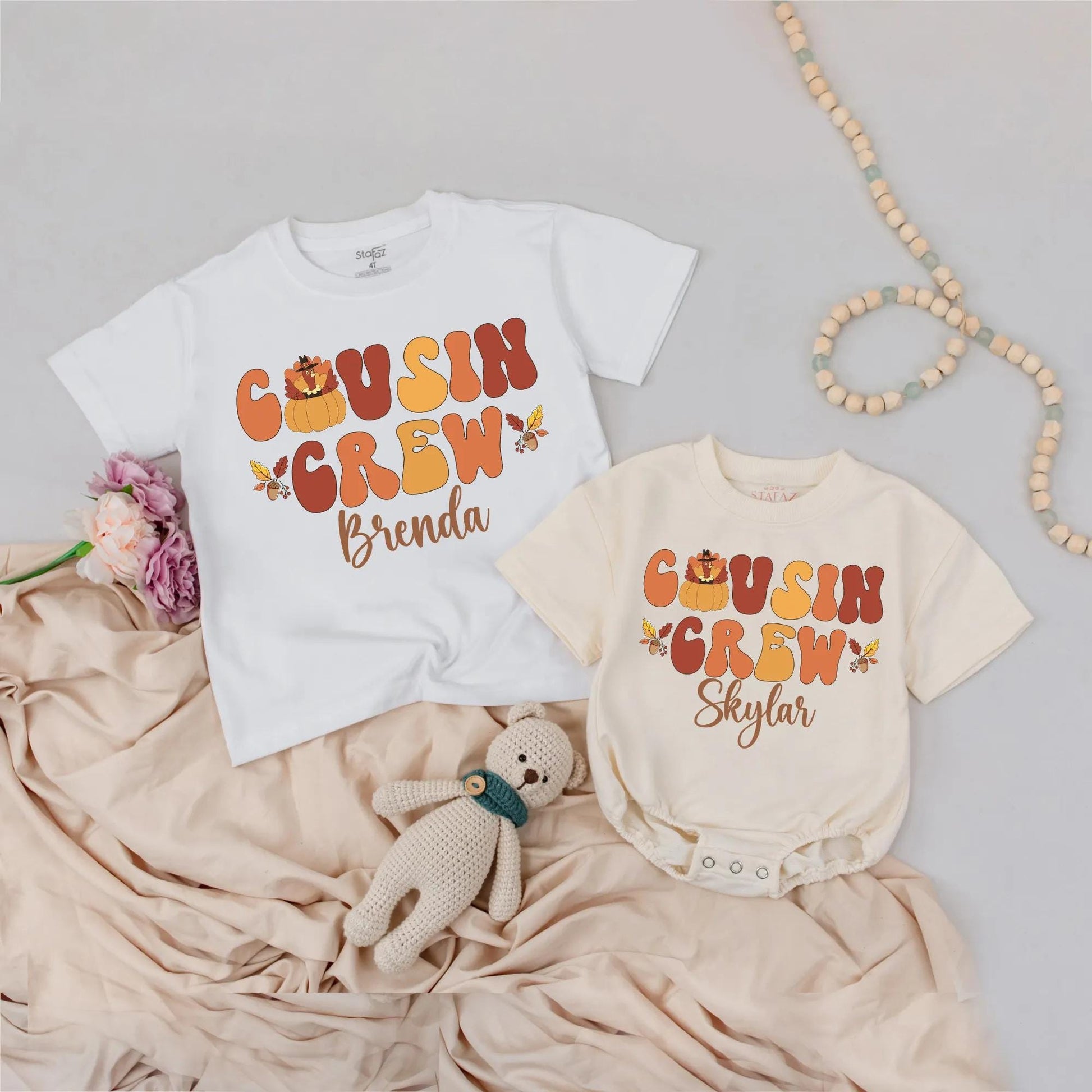 Retro Cousin Crew Thanksgiving Shirts with Pilgrim Pumpkin & Custom Names Fun Fall Family Outfits