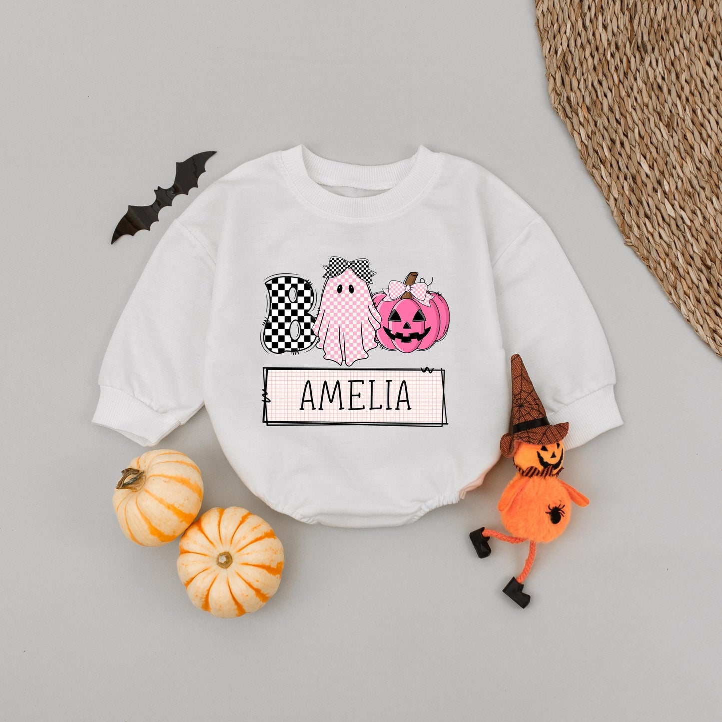 Custom Boo Ghost Pumpkin Romper for Baby Girl Adorable Halloween Outfit Amelia Name Personalized