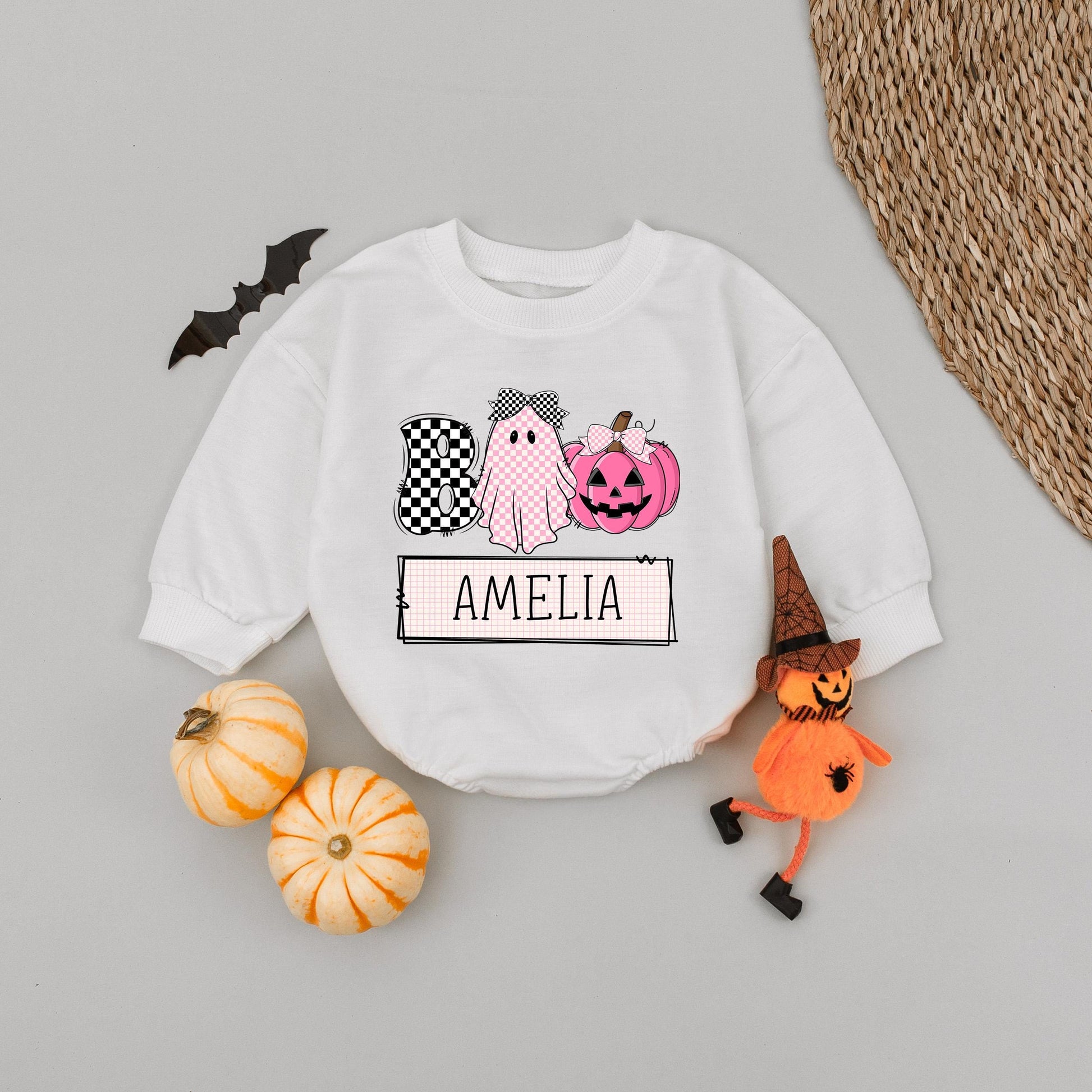 Custom Boo Ghost Pumpkin Romper for Baby Girl Adorable Halloween Outfit Amelia Name Personalized