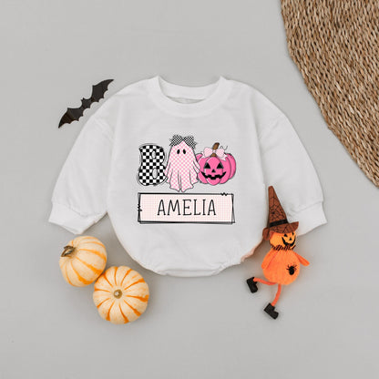 Custom Boo Ghost Pumpkin Romper for Baby Girl Adorable Halloween Outfit Amelia Name Personalized