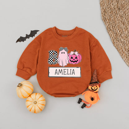 Custom Boo Ghost Pumpkin Romper for Baby Girl Adorable Halloween Outfit Amelia Name Personalized