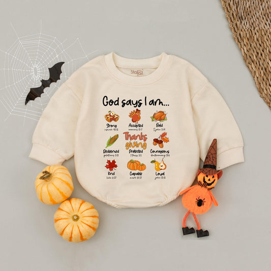 God Says I Am Thanksgiving Baby Romper, Cute Christian Babysuit, Biblical Toddler Outfit, Autumn Newborn Gift, Little Turkey, Blessed and Loyal 138