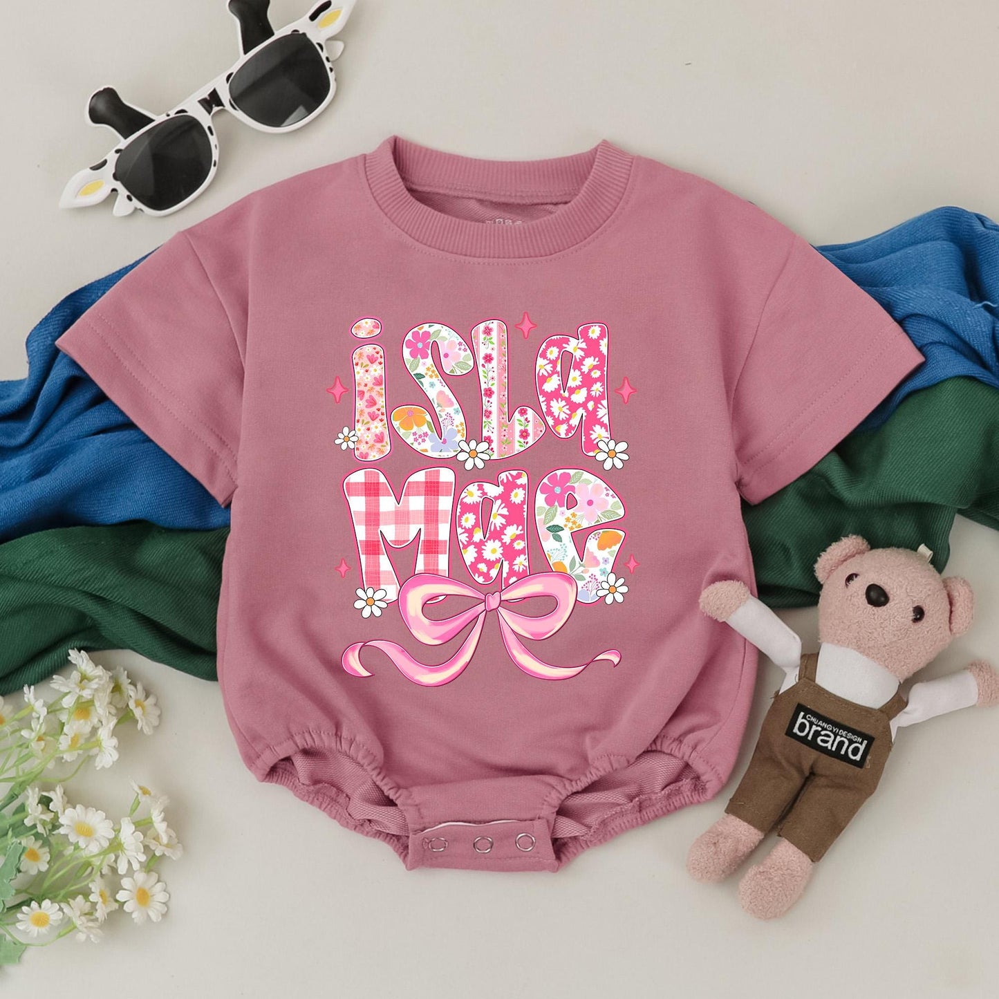 Personalized Isla Mae Baby Romper, Pink Bow Floral Bodysuit, Custom Name Girl Outfit, First Birthday Bubble Romper, Baby Shower Gift Clothes 139