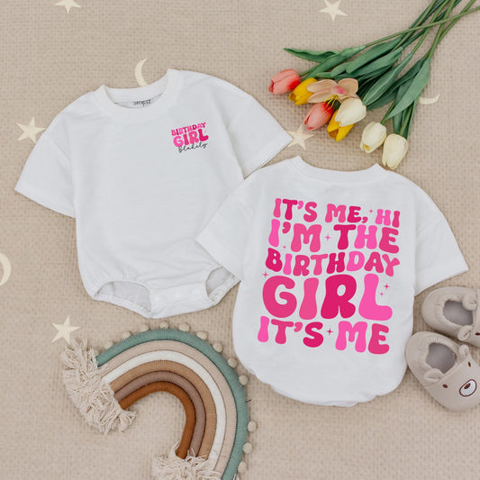 Personalized Birthday Girl Romper, It's Me Hi Design, Custom Name Age, Funny Baby Bodysuit, Pink Starburst, Cheerful Birthday Outfit, Baby Girl Gift