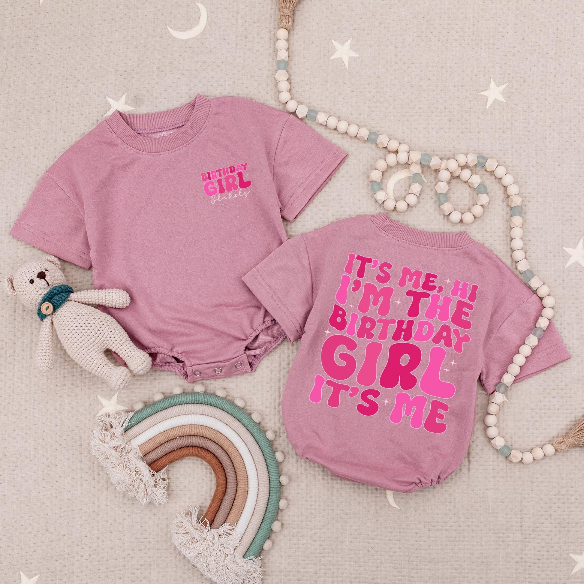 Personalized Birthday Girl Romper, It's Me Hi Design, Custom Name Age, Funny Baby Bodysuit, Pink Starburst, Cheerful Birthday Outfit, Baby Girl Gift