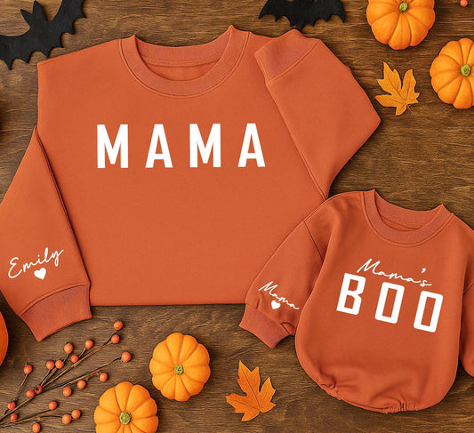 Mama & Me Sweatshirts: Baby Girl Pumpkin Romper, Mommy and Me Outfits, Personalized Emily Sleeve, Matching Family Fall Sets, Baby Shower Gift