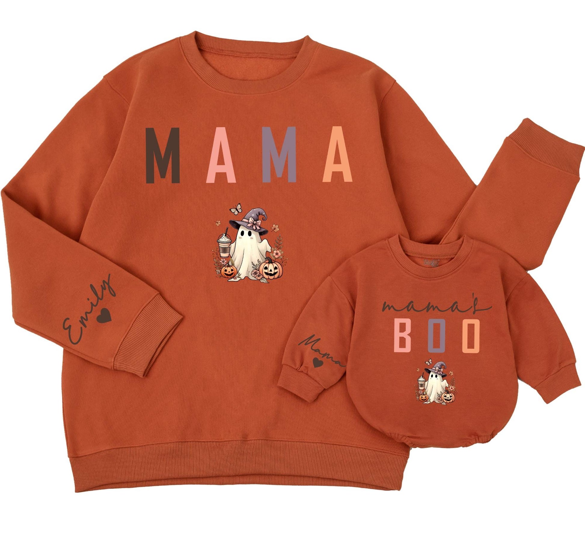 Matching Mama and Me Fall Ghost Sweatshirt and Baby Romper Set Playful Colorful Pumpkin Boo Outfit Autumn Baby Shower Gift