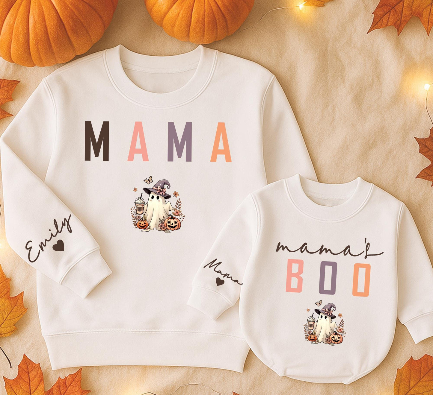 Matching Mama and Me Fall Ghost Sweatshirt and Baby Romper Set Playful Colorful Pumpkin Boo Outfit Autumn Baby Shower Gift