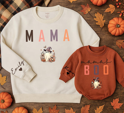 Matching Mama and Me Fall Ghost Sweatshirt and Baby Romper Set Playful Colorful Pumpkin Boo Outfit Autumn Baby Shower Gift