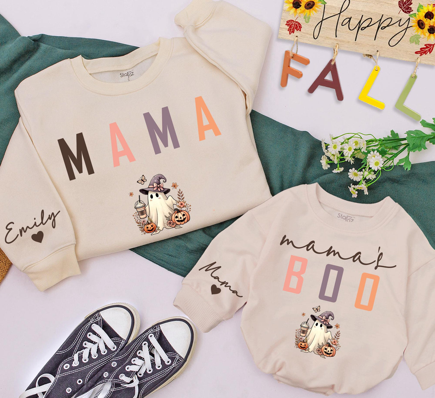 Matching Mama and Me Fall Ghost Sweatshirt and Baby Romper Set Playful Colorful Pumpkin Boo Outfit Autumn Baby Shower Gift