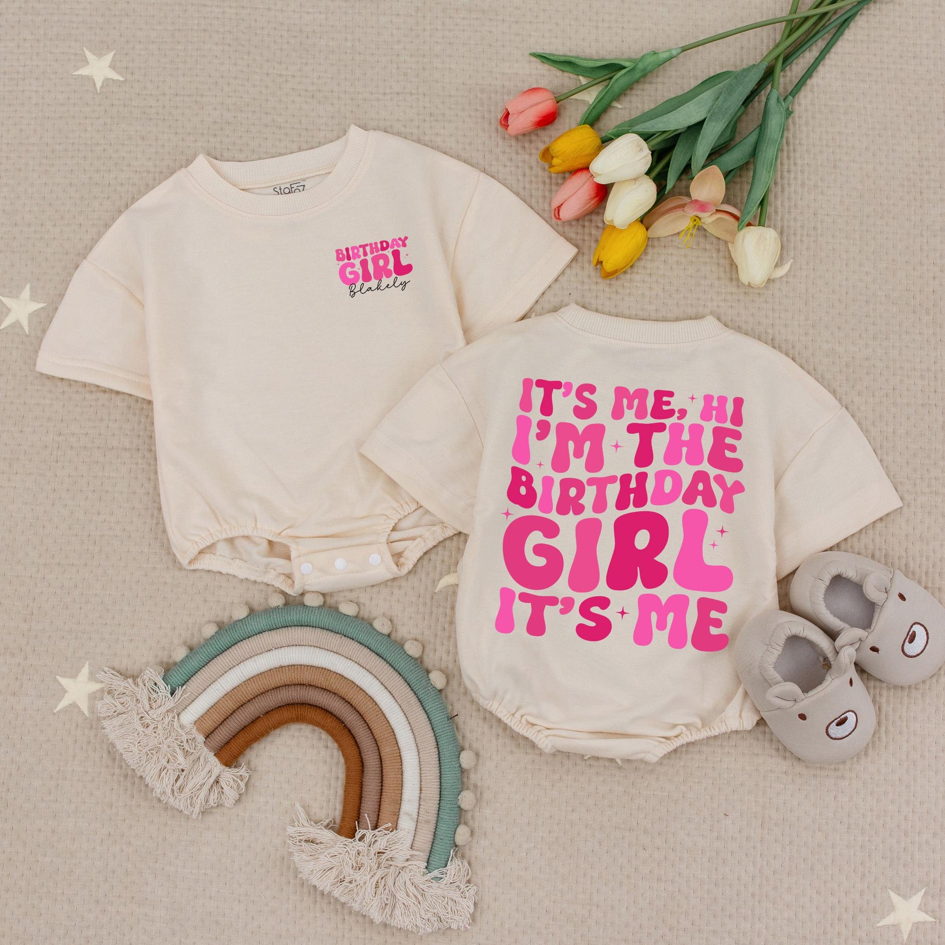 Personalized Birthday Girl Romper, It's Me Hi Design, Custom Name Age, Funny Baby Bodysuit, Pink Starburst, Cheerful Birthday Outfit, Baby Girl Gift
