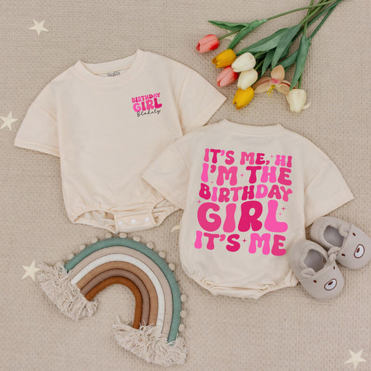 Personalized Birthday Girl Romper, It's Me Hi Design, Custom Name Age, Funny Baby Bodysuit, Pink Starburst, Cheerful Birthday Outfit, Baby Girl Gift