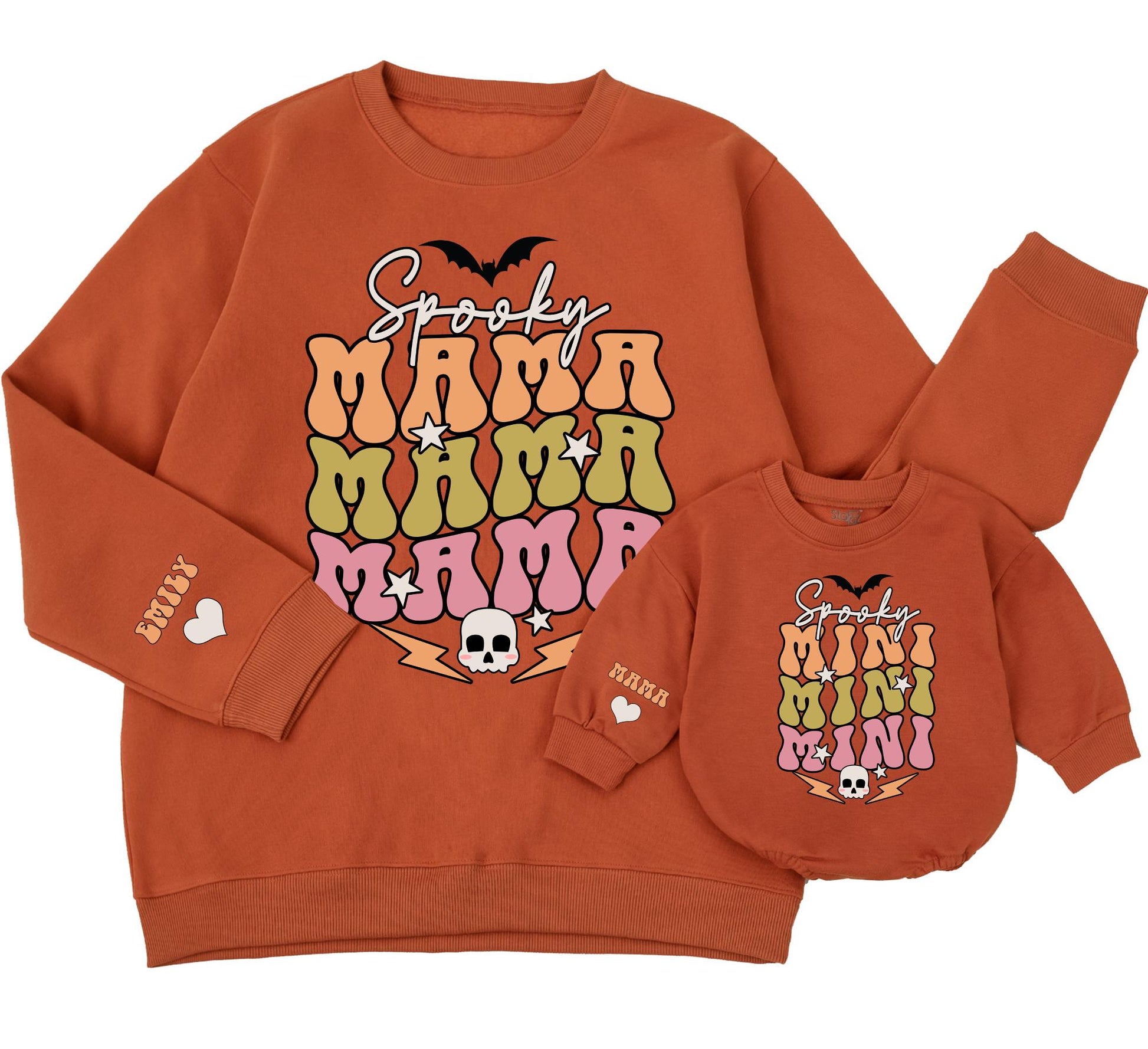 Spooky Mama & Mini Matching Sweatshirts: Retro Halloween Family Outfits, Bubble Letter Sweaters with Bats, Skulls, Stars – Spooky Season Gift! (138 chars)