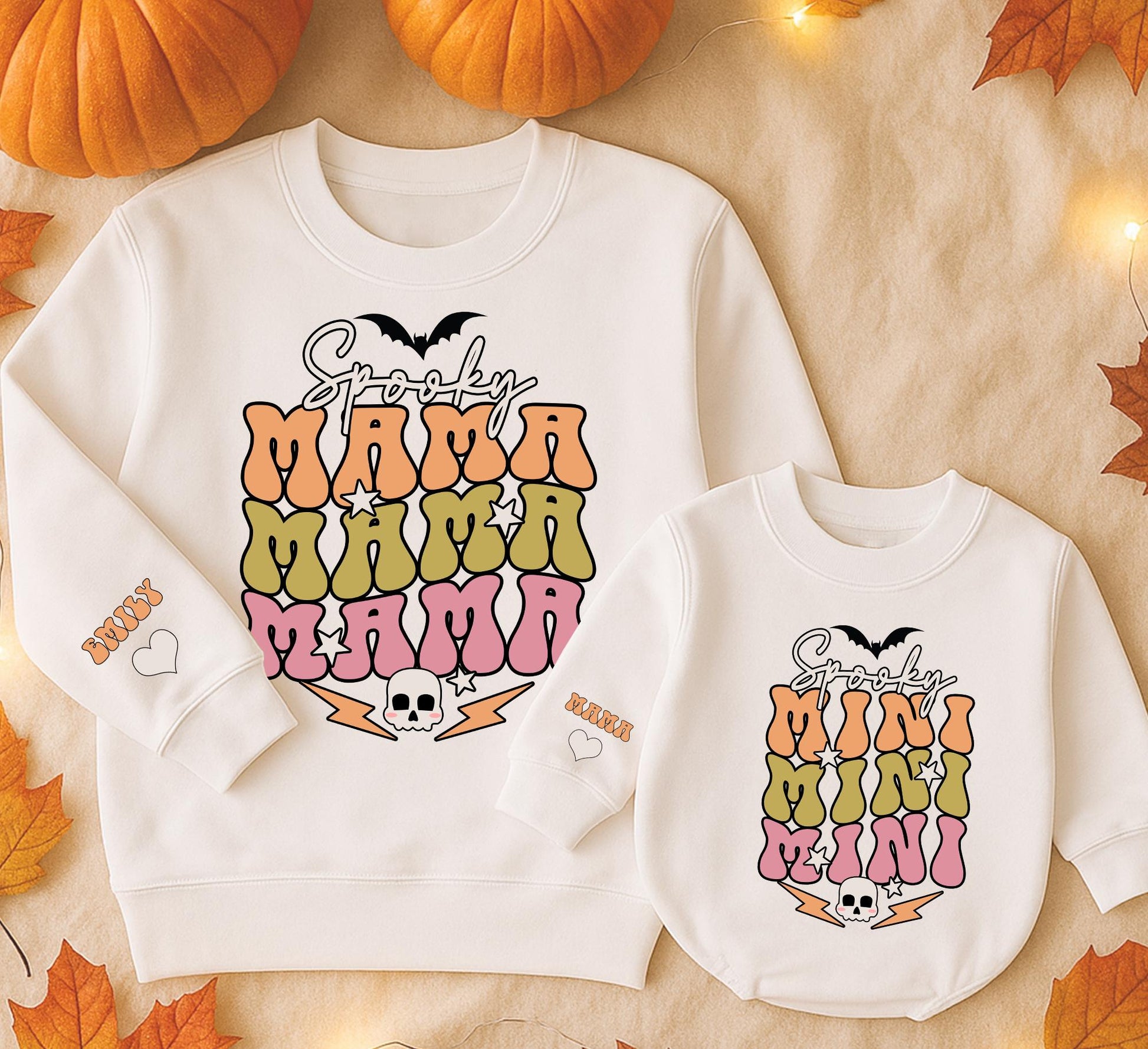 Spooky Mama & Mini Matching Sweatshirts: Retro Halloween Family Outfits, Bubble Letter Sweaters with Bats, Skulls, Stars – Spooky Season Gift! (138 chars)