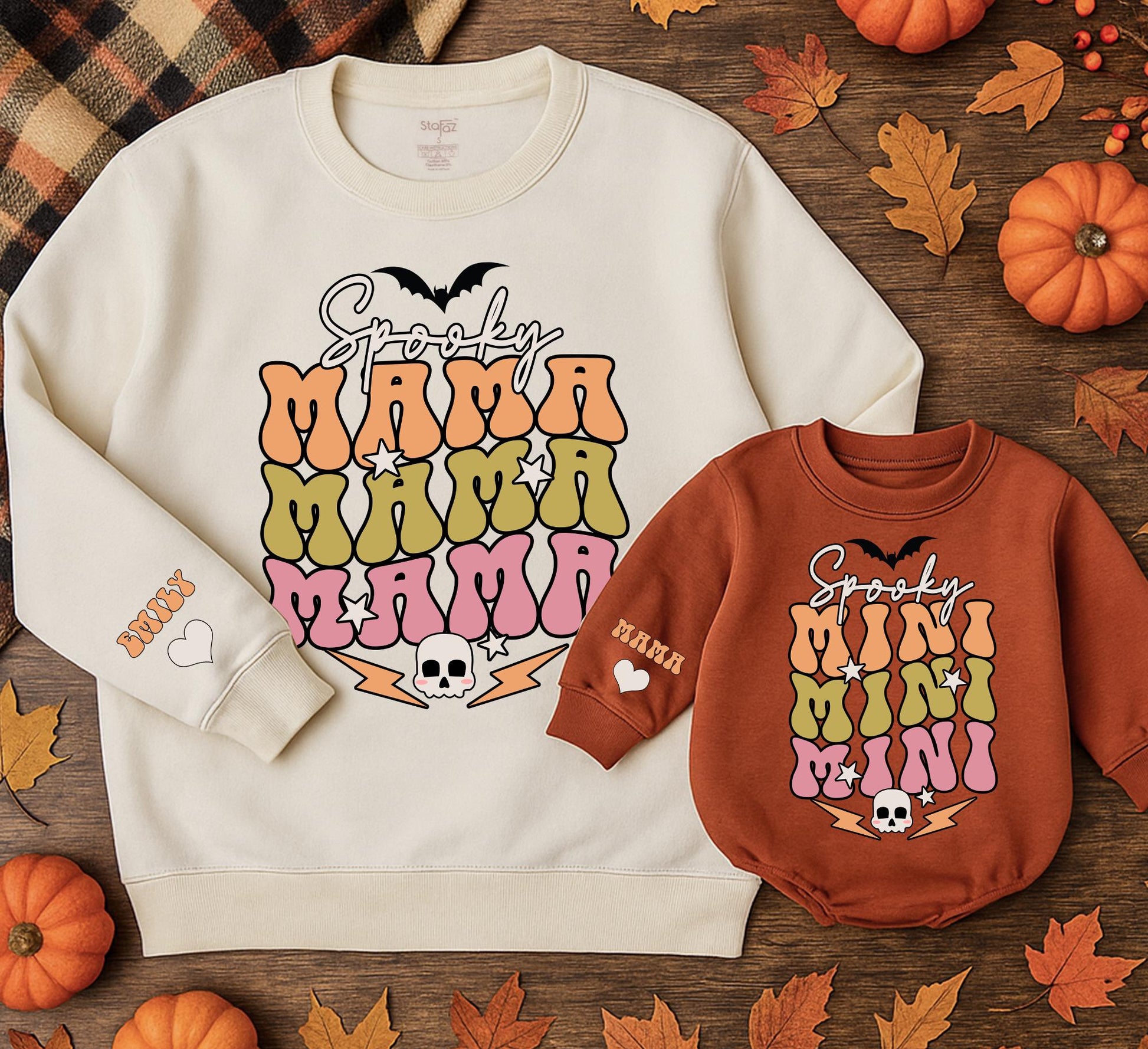 Spooky Mama & Mini Matching Sweatshirts: Retro Halloween Family Outfits, Bubble Letter Sweaters with Bats, Skulls, Stars – Spooky Season Gift! (138 chars)