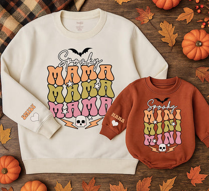 Spooky Mama & Mini Matching Sweatshirts: Retro Halloween Family Outfits, Bubble Letter Sweaters with Bats, Skulls, Stars – Spooky Season Gift! (138 chars)