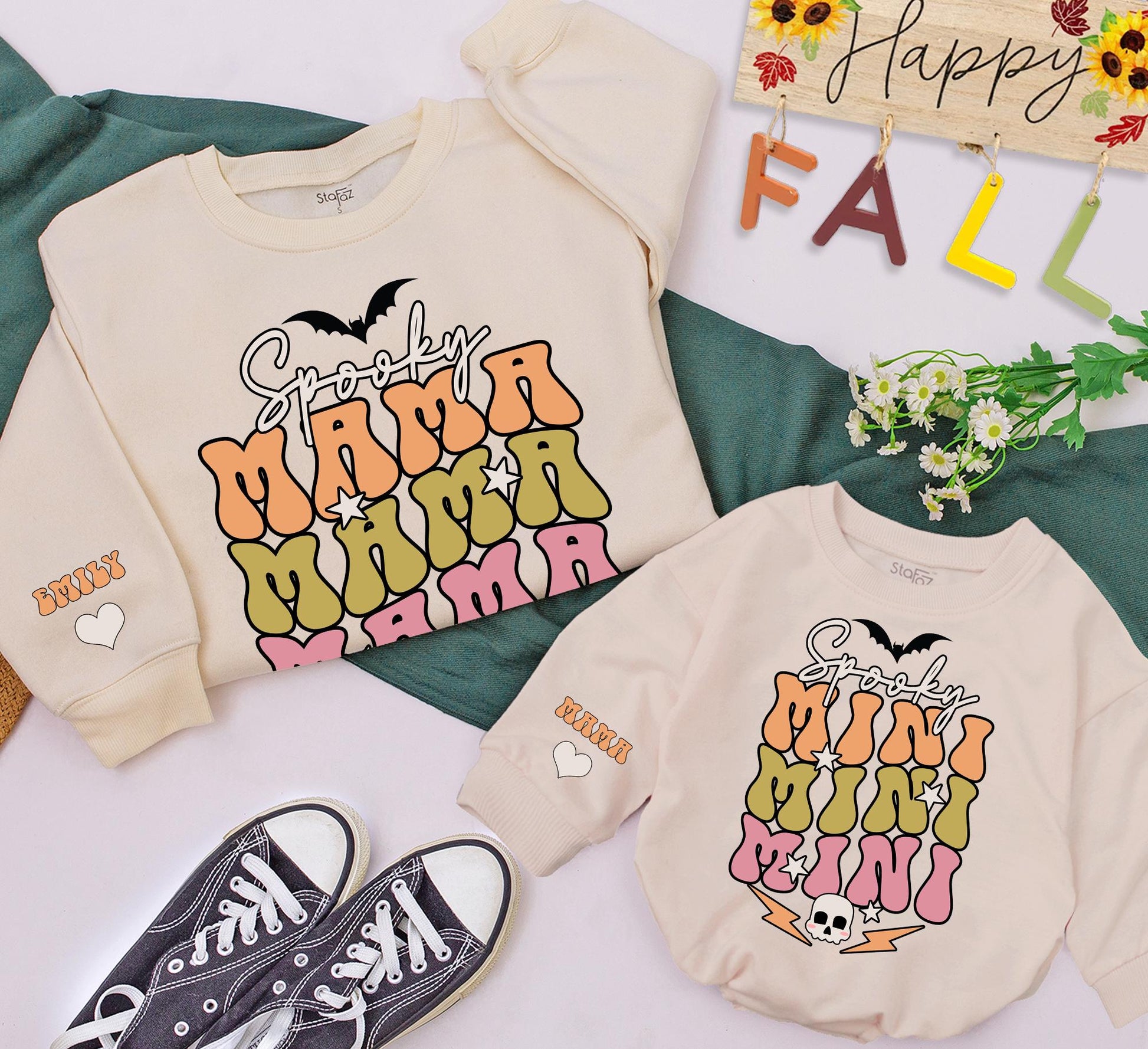 Spooky Mama & Mini Matching Sweatshirts: Retro Halloween Family Outfits, Bubble Letter Sweaters with Bats, Skulls, Stars – Spooky Season Gift! (138 chars)