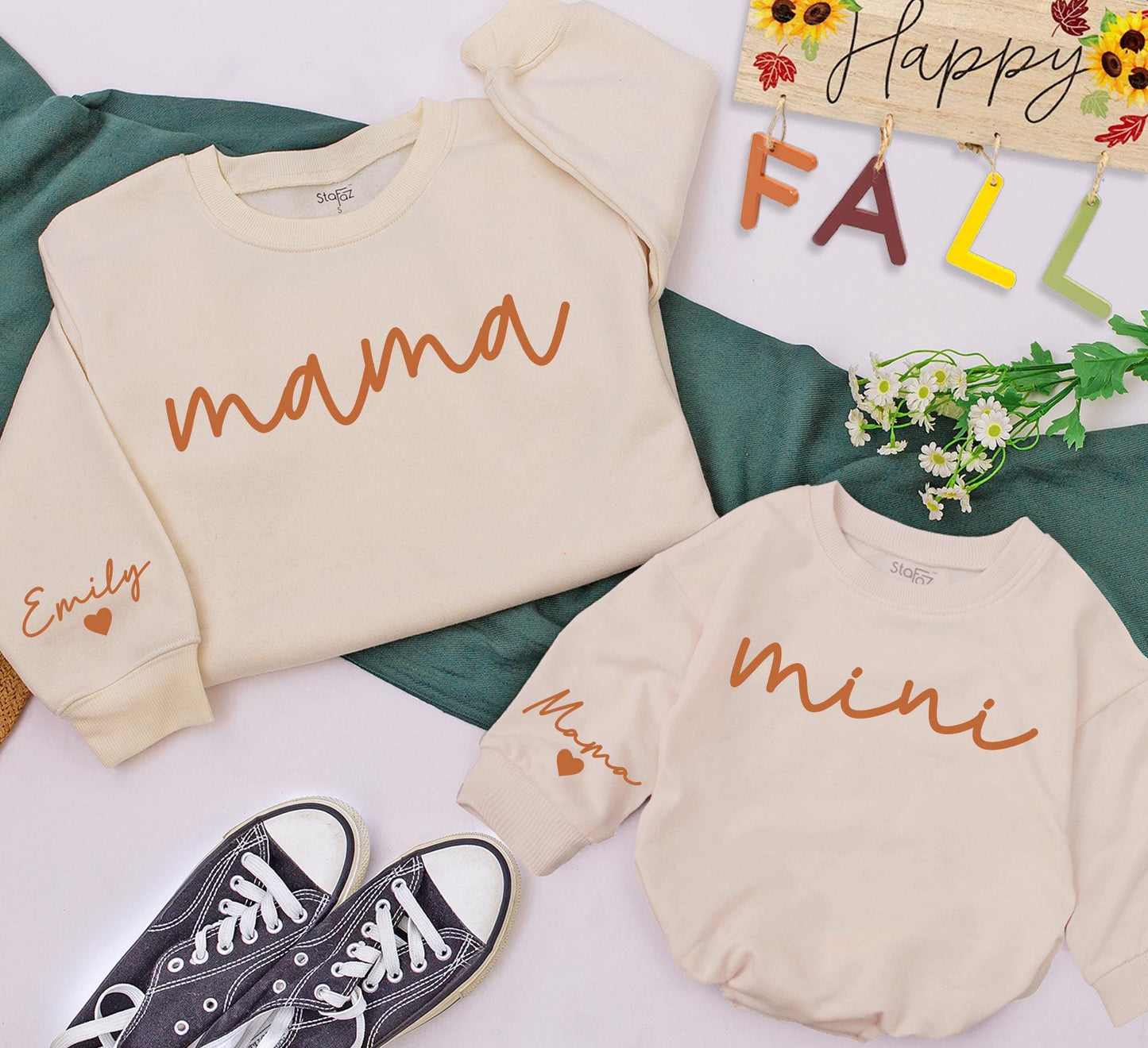 Mama & Mini Halloween Matching Set: Personalized Sweatshirt & Romper with Names on Sleeve. Cute Mommy and Me Outfit, Fall Family Thanksgiving Gift