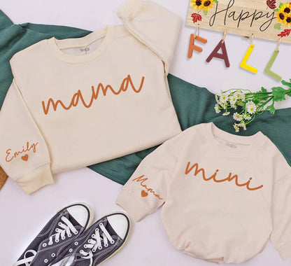 Mama & Mini Halloween Matching Set: Personalized Sweatshirt & Romper with Names on Sleeve. Cute Mommy and Me Outfit, Fall Family Thanksgiving Gift