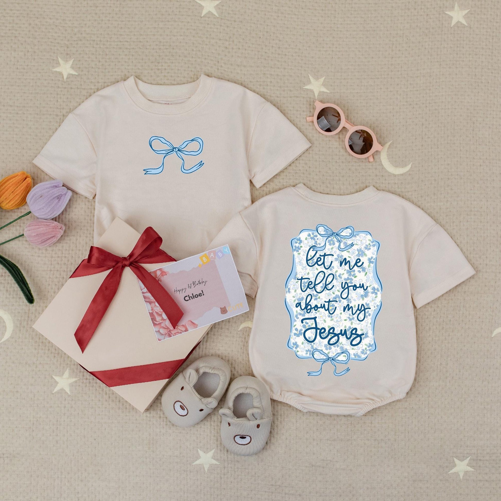 Sweet Jesus Wildflower Baby Romper, Cute Christian Outfit with Blue Bow & Floral Frame, Newborn Girl Gift, Faith-Based Bubble Romper, Soft Cotton, 138 chars