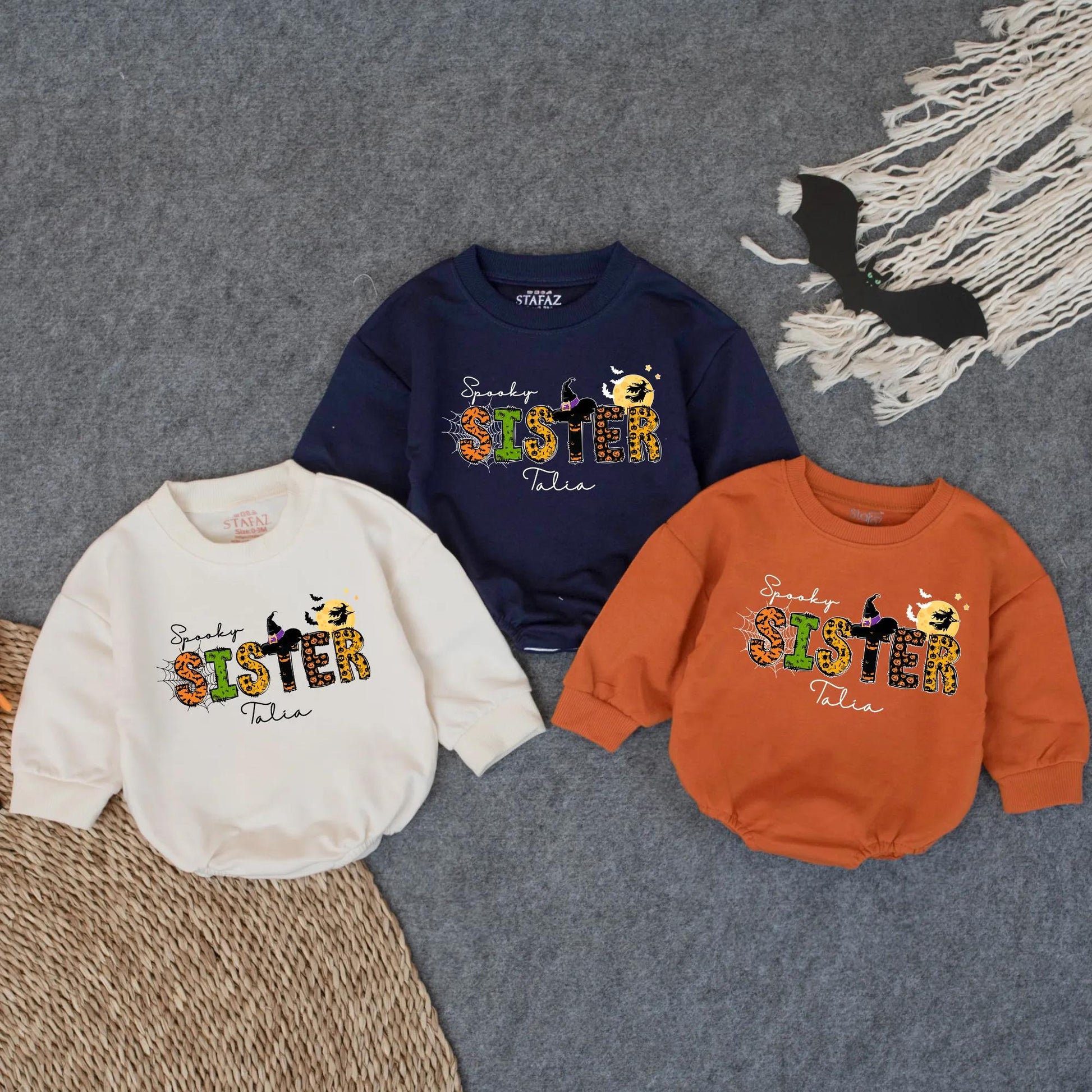 Spooky Sister Halloween Baby Romper with Witch's Hat, Talia Cursive Name, Cute Fall Infant Outfit, Girly Boo Costume