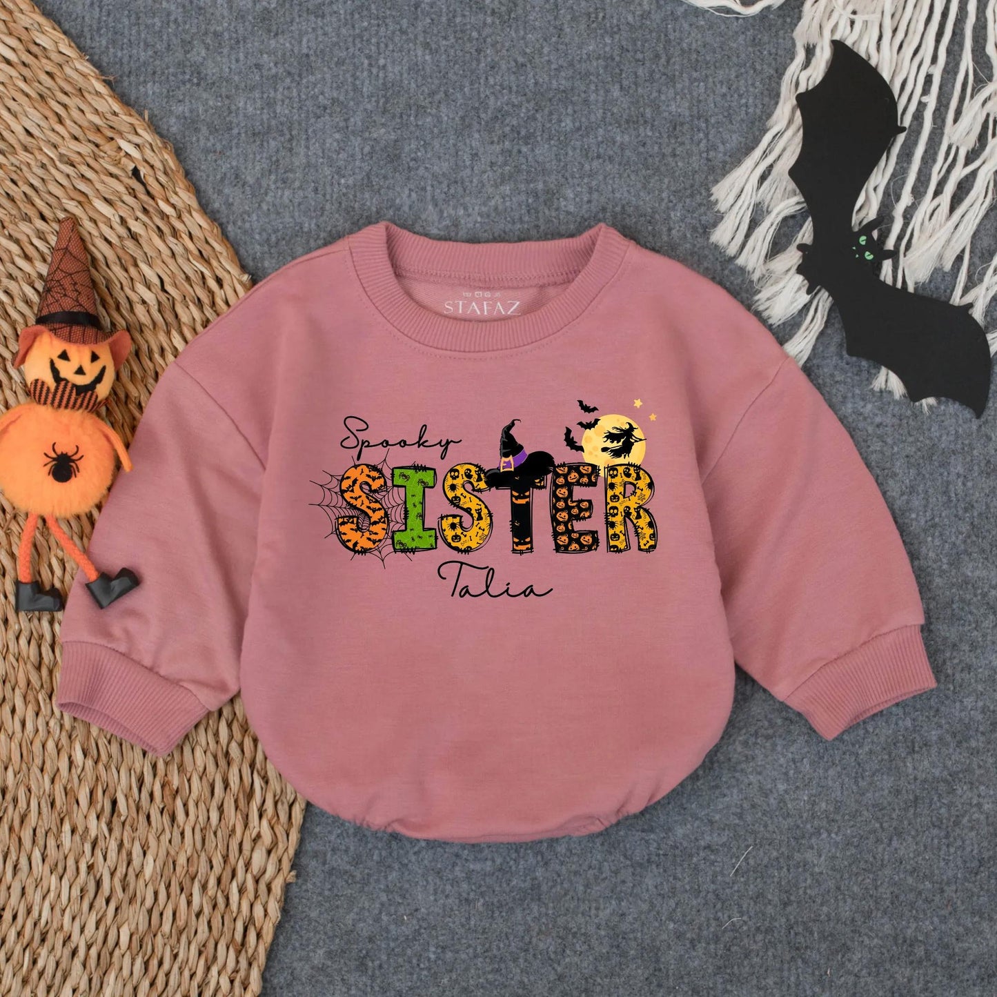 Spooky Sister Halloween Baby Romper with Witch's Hat, Talia Cursive Name, Cute Fall Infant Outfit, Girly Boo Costume