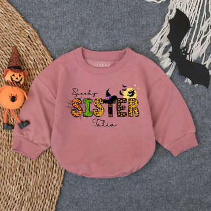 Spooky Sister Halloween Baby Romper with Witch's Hat, Talia Cursive Name, Cute Fall Infant Outfit, Girly Boo Costume