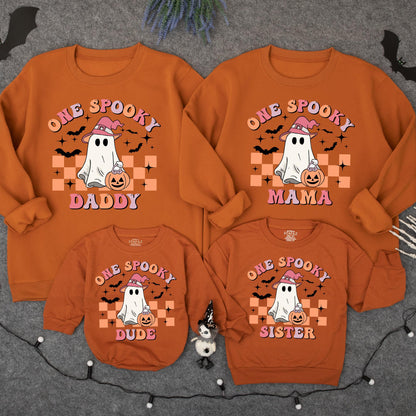 One Spooky Dude Halloween Birthday Sweatshirt Baby Boy 1st Birthday Ghost Pumpkin Outfit Pink Hat Bat Design Cute Family Fall