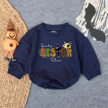 Spooky Sister Halloween Baby Romper with Witch's Hat, Talia Cursive Name, Cute Fall Infant Outfit, Girly Boo Costume