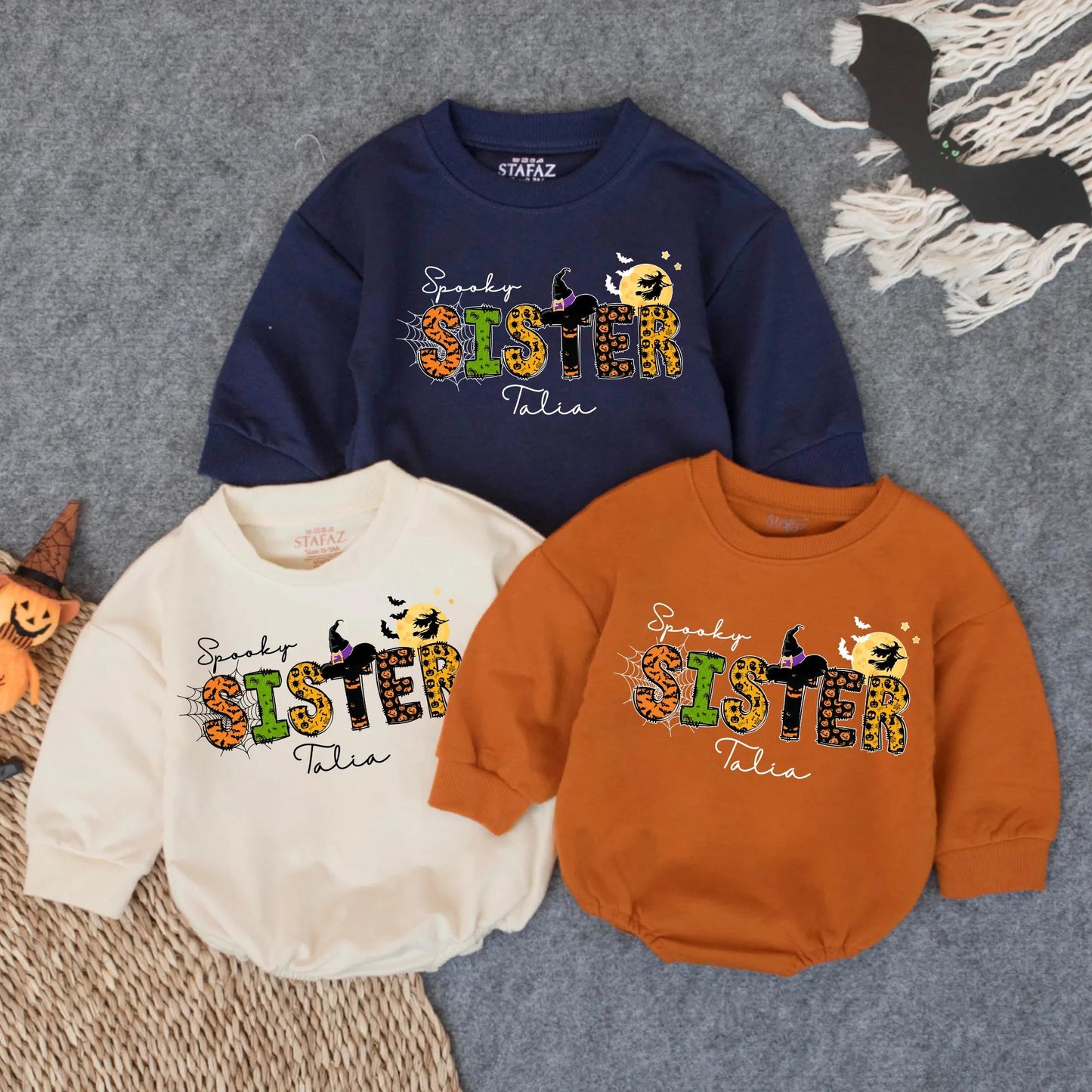 Spooky Sister Halloween Baby Romper with Witch's Hat, Talia Cursive Name, Cute Fall Infant Outfit, Girly Boo Costume