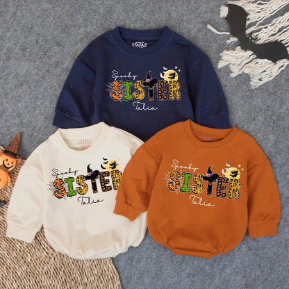 Spooky Sister Halloween Baby Romper with Witch's Hat, Talia Cursive Name, Cute Fall Infant Outfit, Girly Boo Costume