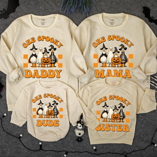 One Spooky Dude Goose Halloween Sweater Funny Baby Toddler First Birthday Outfit Retro Orange Black White Baby Boy Girl Gift