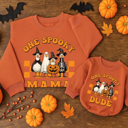 One Spooky Dude Goose Halloween Sweater Funny Baby Toddler First Birthday Outfit Retro Orange Black White Baby Boy Girl Gift