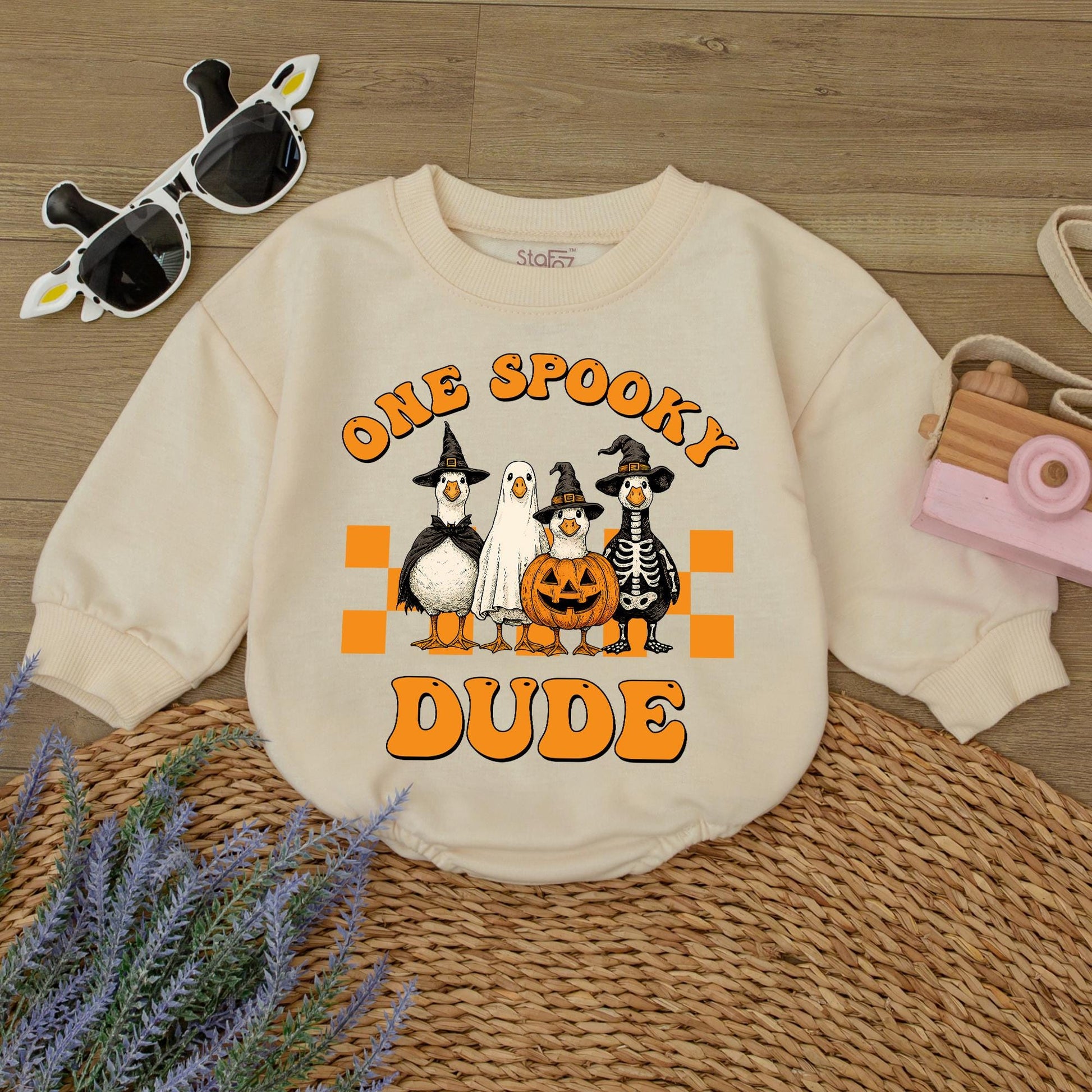 One Spooky Dude Goose Halloween Sweater Funny Baby Toddler First Birthday Outfit Retro Orange Black White Baby Boy Girl Gift