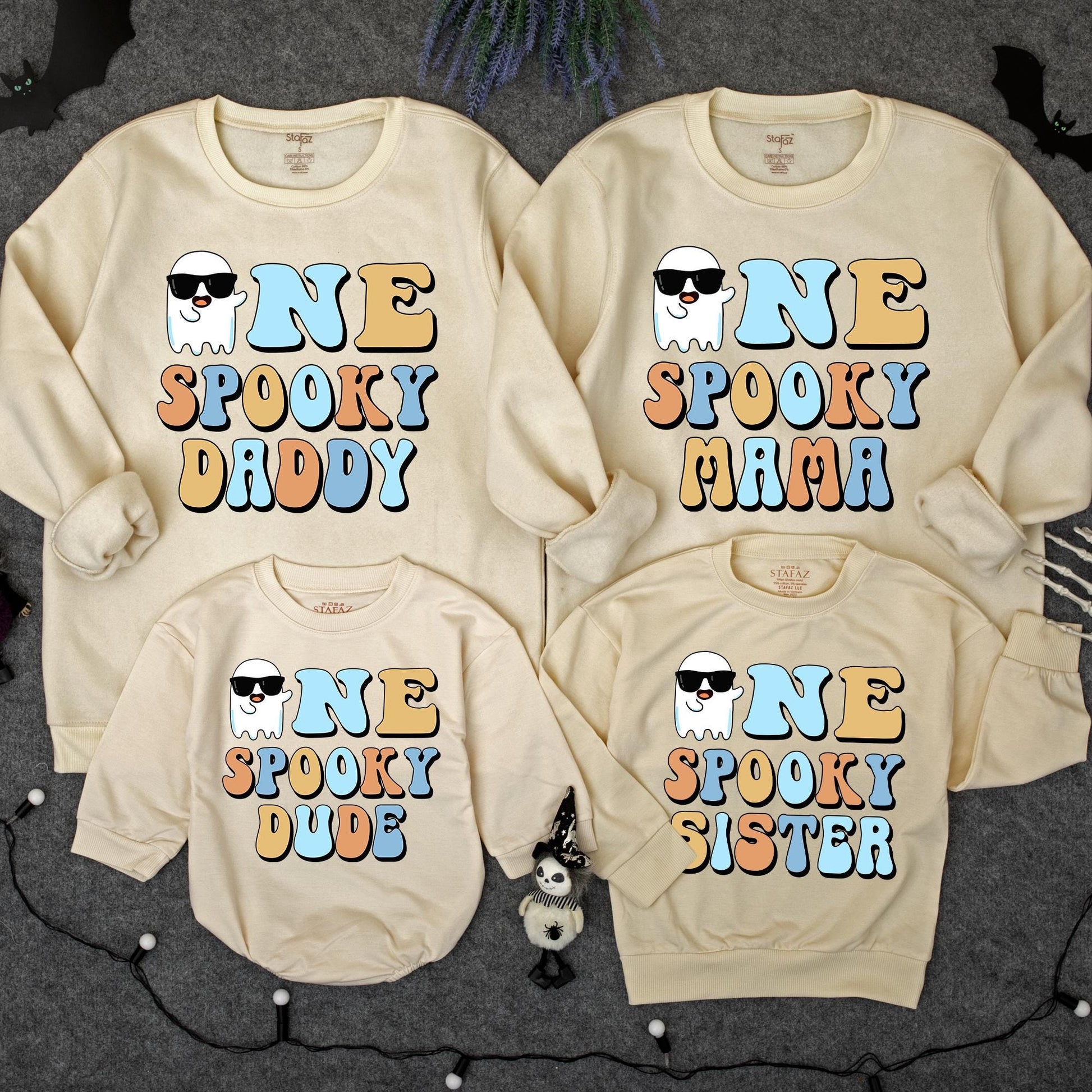 One Spooky Dude 1st Birthday Halloween Outfit Baby Boy Sweatshirt Romper Retro Ghost Sunglasses Design, Light Blue Orange White First Birthday Party Clothes