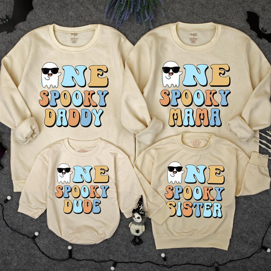 One Spooky Dude 1st Birthday Halloween Outfit Baby Boy Sweatshirt Romper Retro Ghost Sunglasses Design, Light Blue Orange White First Birthday Party Clothes