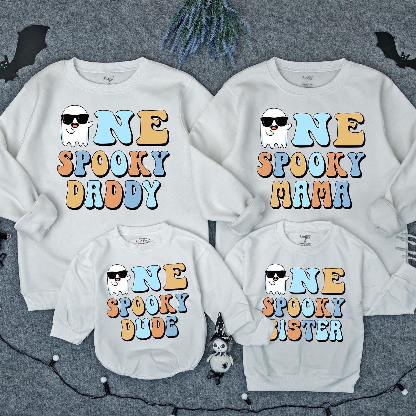 One Spooky Dude 1st Birthday Halloween Outfit Baby Boy Sweatshirt Romper Retro Ghost Sunglasses Design, Light Blue Orange White First Birthday Party Clothes