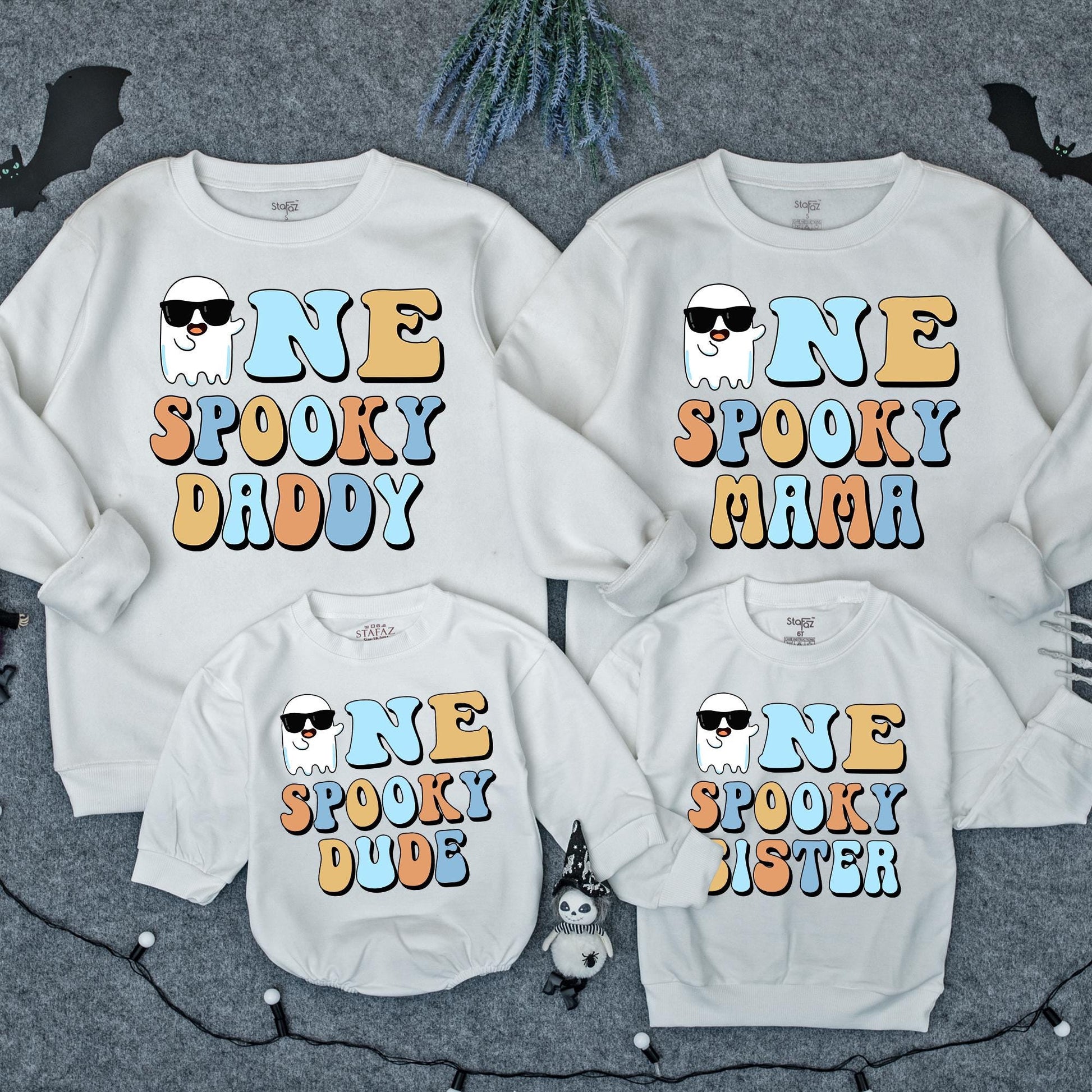 One Spooky Dude 1st Birthday Halloween Outfit Baby Boy Sweatshirt Romper Retro Ghost Sunglasses Design, Light Blue Orange White First Birthday Party Clothes