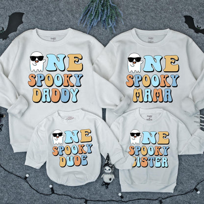 One Spooky Dude 1st Birthday Halloween Outfit Baby Boy Sweatshirt Romper Retro Ghost Sunglasses Design, Light Blue Orange White First Birthday Party Clothes